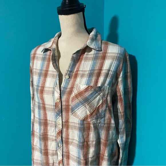 NWT Sonoma M Cream Orange Blue Plaid Supersoft Flannel Button Down Shirt - Picture 2 of 4